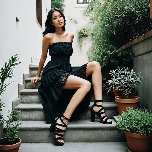 Elegant Woman in Black Dress Sitting on Garden Stairs