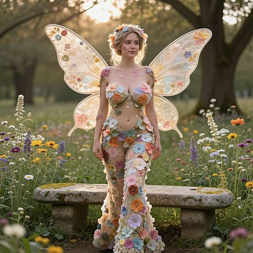 Whimsical Fairy Woman in Floral Costume with Translucent Wings in Garden