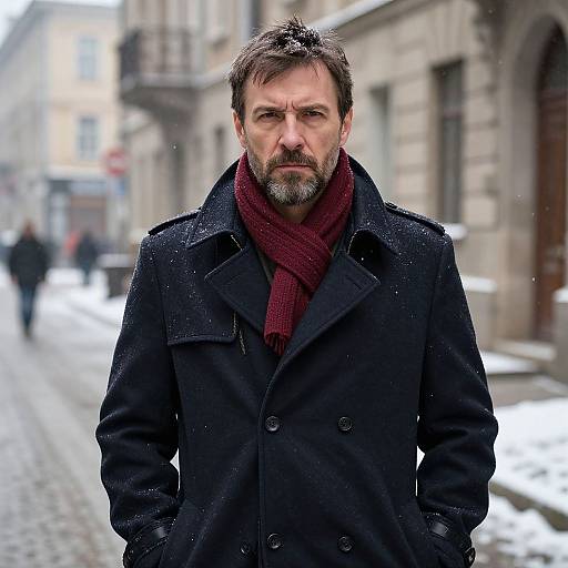Man Wearing Navy Coat and Burgundy Scarf on Snowy Urban Street