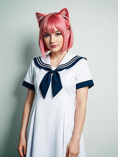 Young Woman in Japanese Sailor School Uniform with Pink Cat Ear Hair
