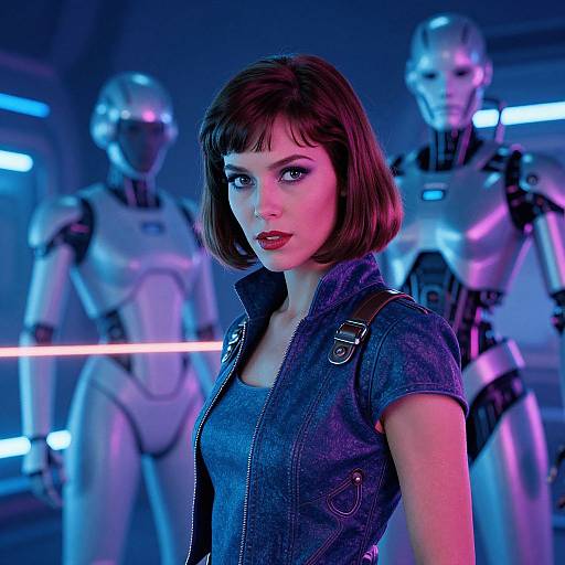 Futuristic Woman with Robots in Cyberpunk Neon Setting
