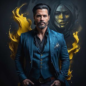 Confident Man in Stylish Blue Suit Against Abstract Background