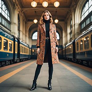 Confident Woman in Floral Coat at Grand Train Station