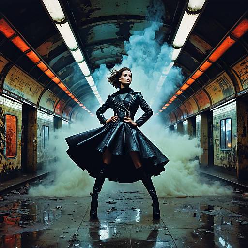 Edgy Black Leather Fashion in Smoky Industrial Tunnel