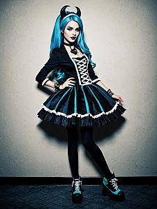 Woman in Monster High Costume with Blue Wig and Gothic Accessories