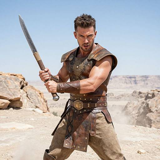 Ancient Warrior Man in Leather Armor Holding Sword in Desert