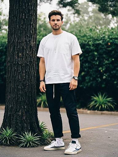 Casual Street Style Man Wearing White T-shirt and Black Pants Outdoors