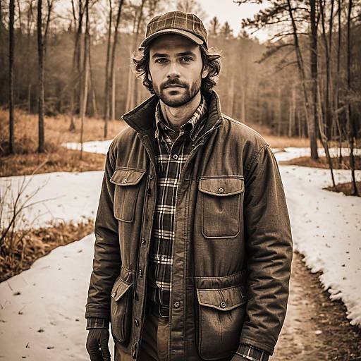 Man Wearing Outdoor Jacket and Cap on Snowy Forest Path