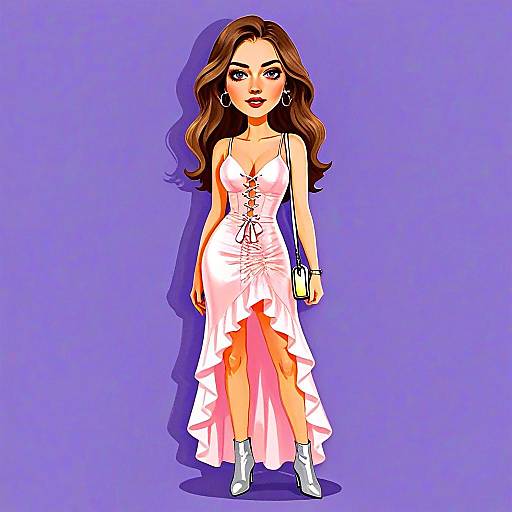 Woman Wearing Elegant Pink Lace-Up High-Low Dress with Silver Boots Illustration