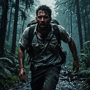 Rugged Man in Rainy Forest Adventure