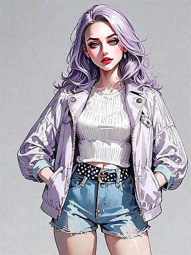 Stylish Woman in Casual Outfit with Lavender Hair - Realistic Comic Style Illustration