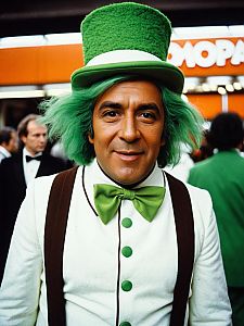 Man in Vibrant Oompa Loompa Costume with Green Hat and Bow Tie
