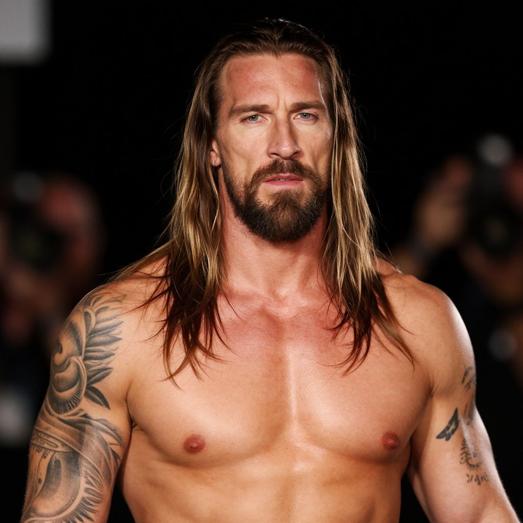 Shirtless Muscular Man with Long Hair and Tattoos Close-Up Portrait