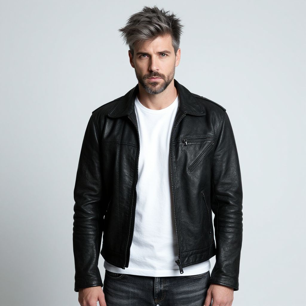 Stylish Man in Black Leather Jacket and White T-Shirt