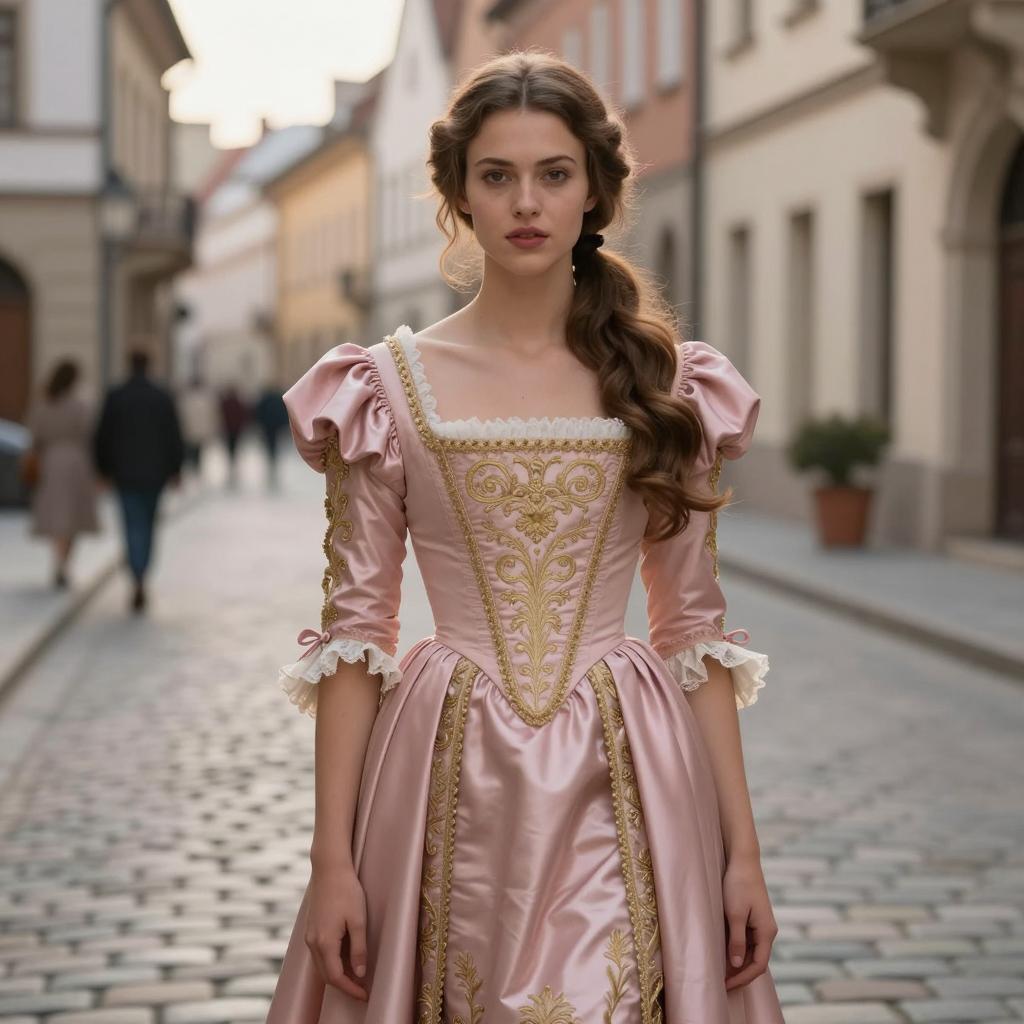 Young Woman in Pink Renaissance Dress on Cobblestone Street