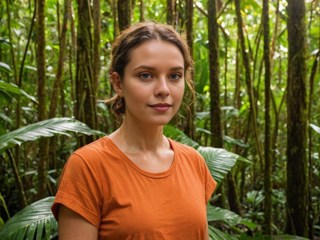 Poised Woman in Burnt Orange Shirt in Green Forest