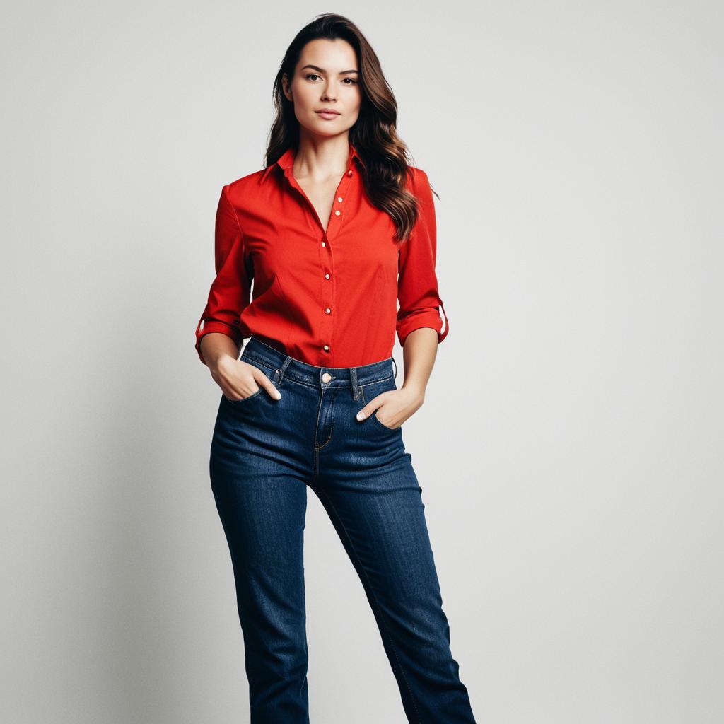 Confident Woman in Red Shirt and Jeans