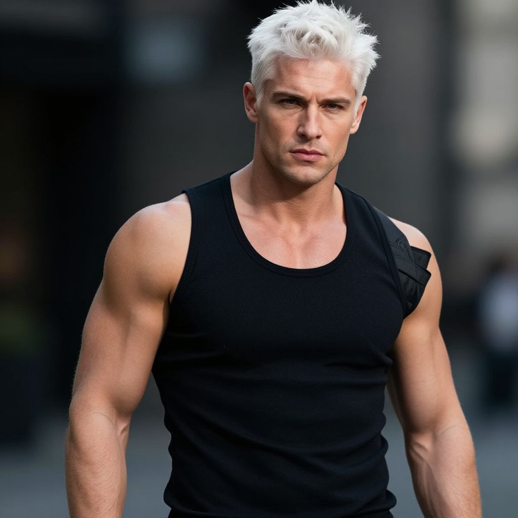 Muscular Man with Platinum Blonde Hair in Black Tank Top Urban Portrait