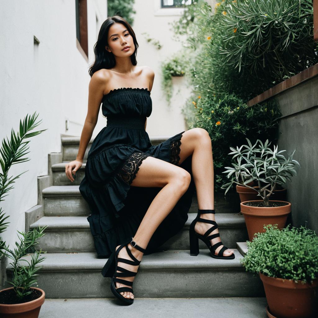 Elegant Woman in Black Dress Sitting on Garden Stairs