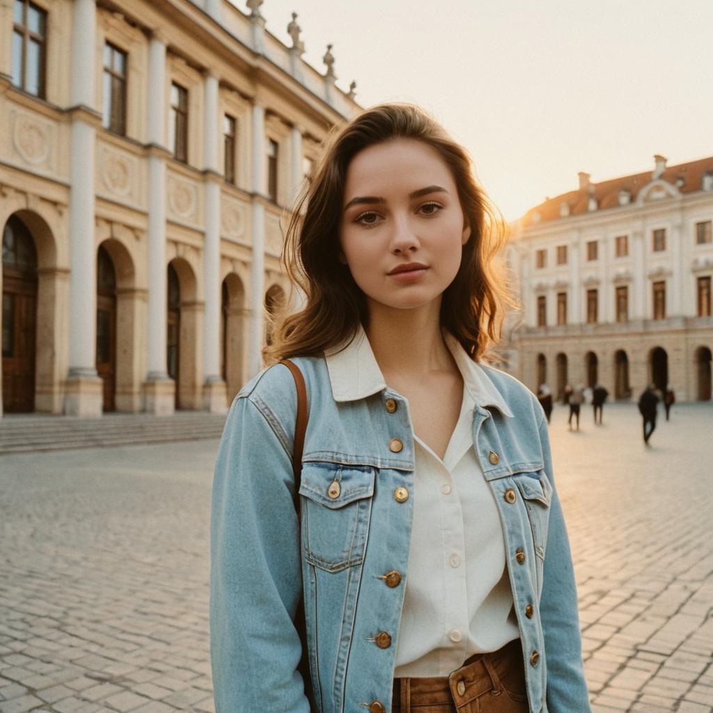 Young Woman in Denim Jacket in Historic Courtyard at Sunset