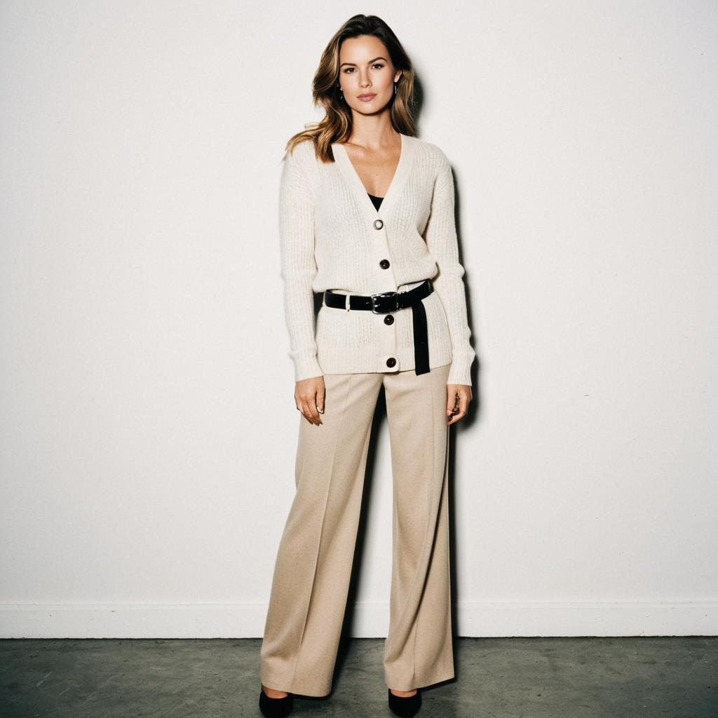 Stylish Woman in Cream Cardigan and Beige Wide-Leg Trousers Fashion Outfit