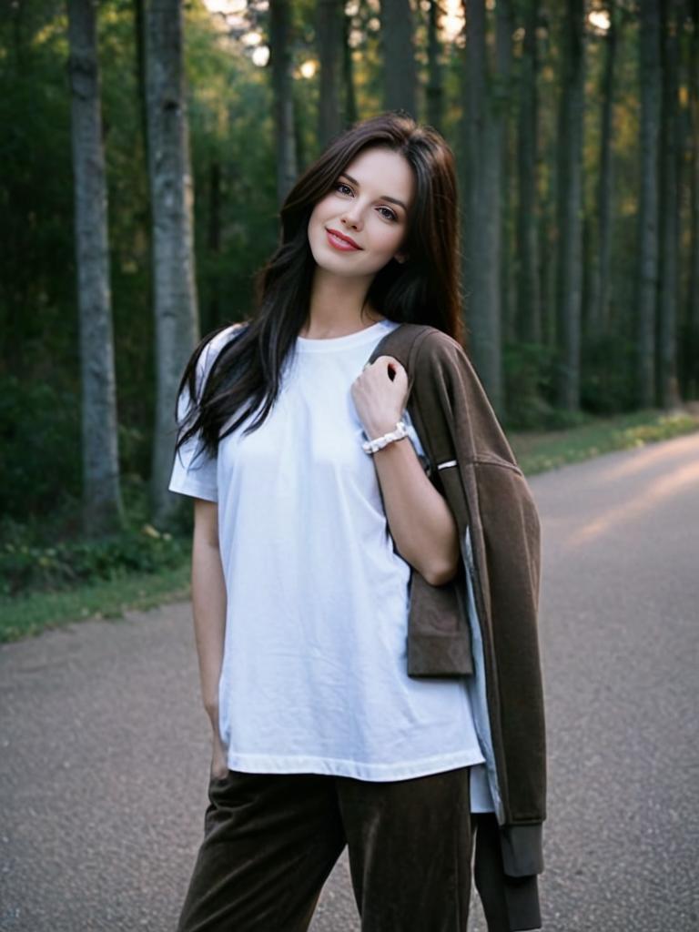 Young Woman in Casual Outfit on Forest Path