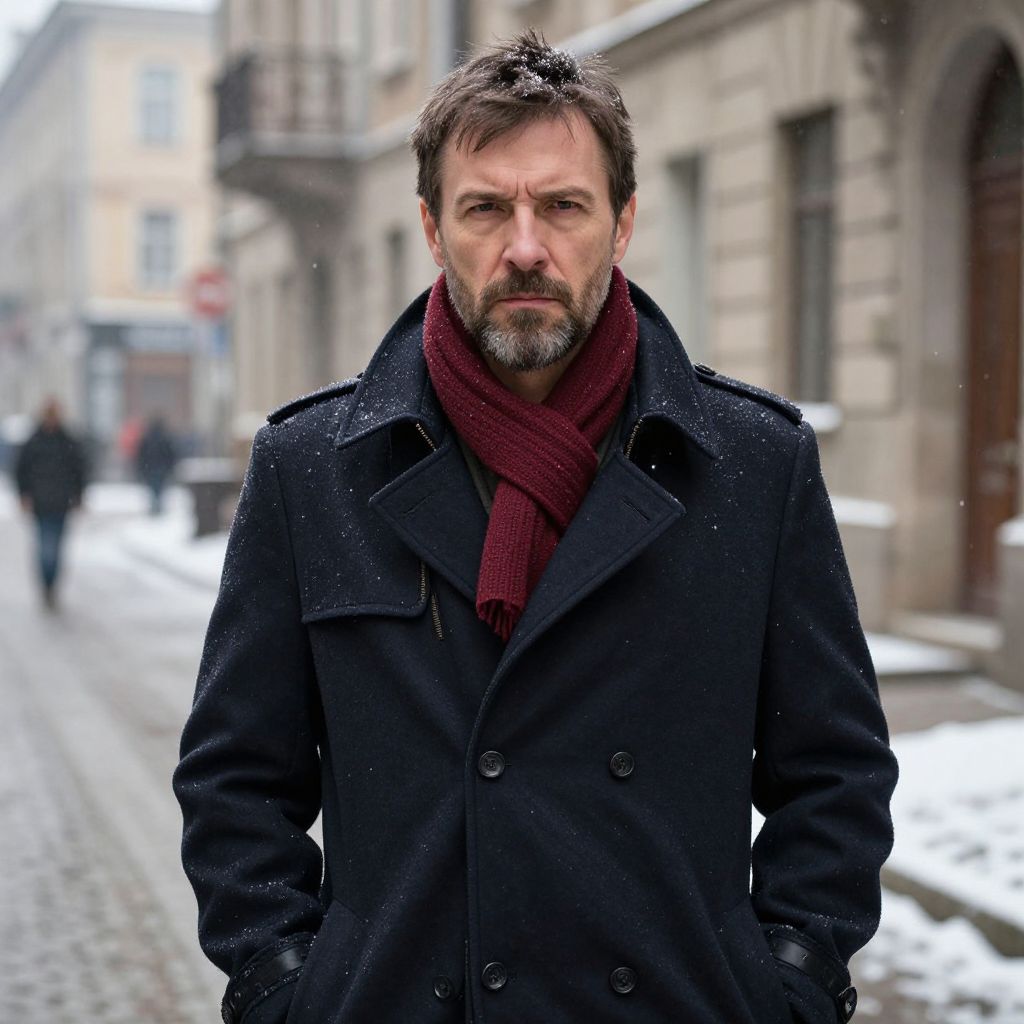 Man Wearing Navy Coat and Burgundy Scarf on Snowy Urban Street