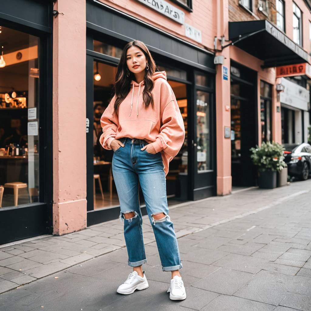 Stylish Woman in Pink Hoodie - Urban Fashion