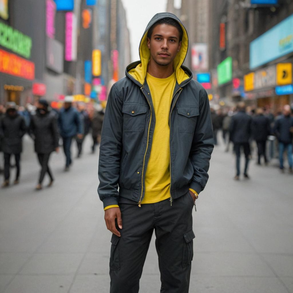 Confident Man in Yellow Hoodie at Times Square