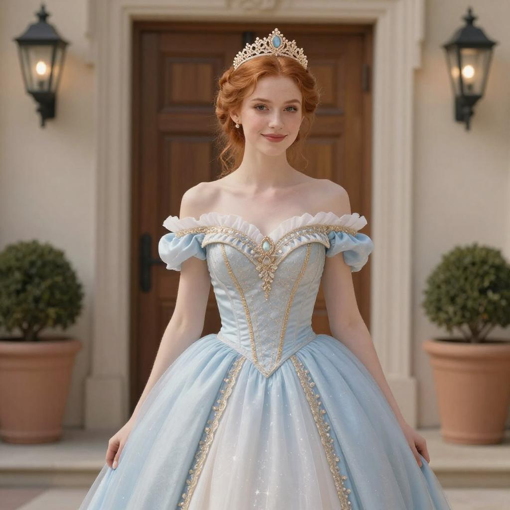 Young Woman in Light Blue Princess Gown with Tiara