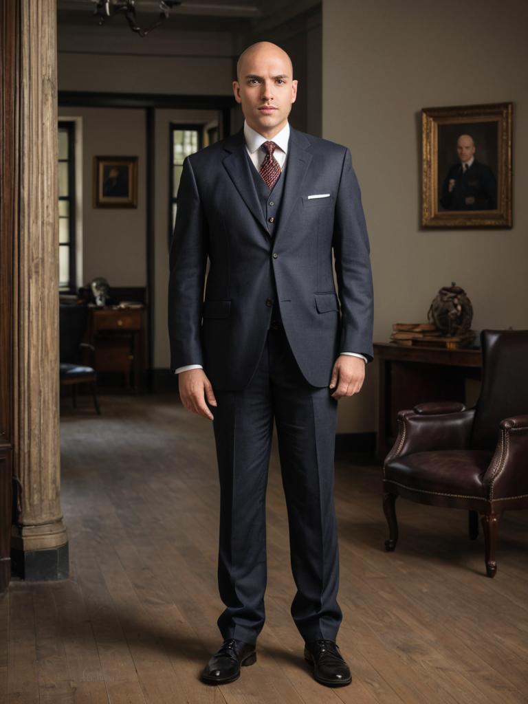 Confident Man in Navy Suit in Elegant Room