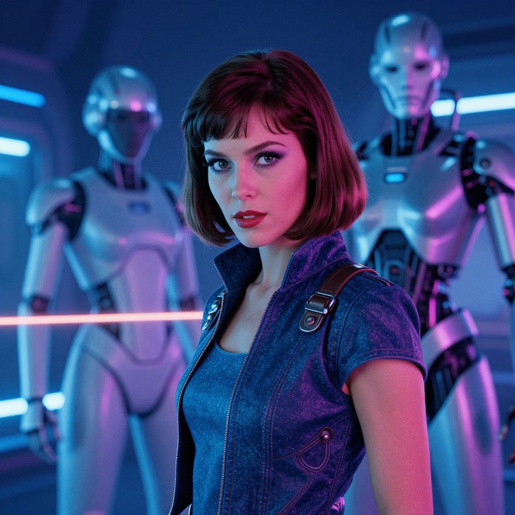 Futuristic Woman with Robots in Cyberpunk Neon Setting