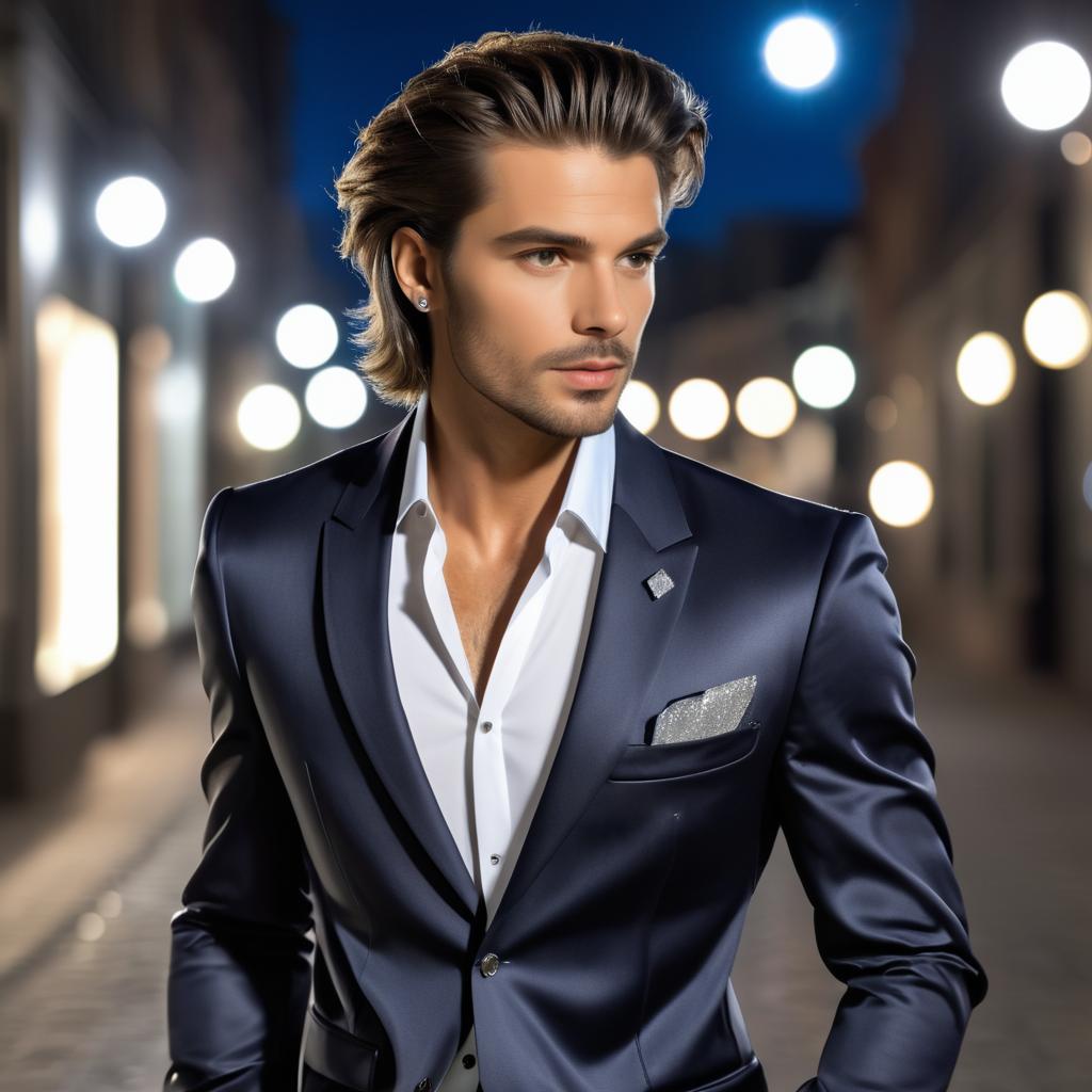 Stylish Man in Navy Suit at Night