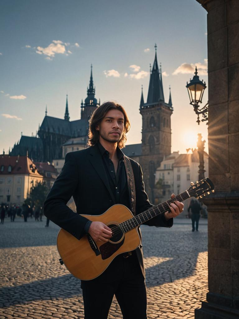 Mysterious Man with Guitar in Urban Setting