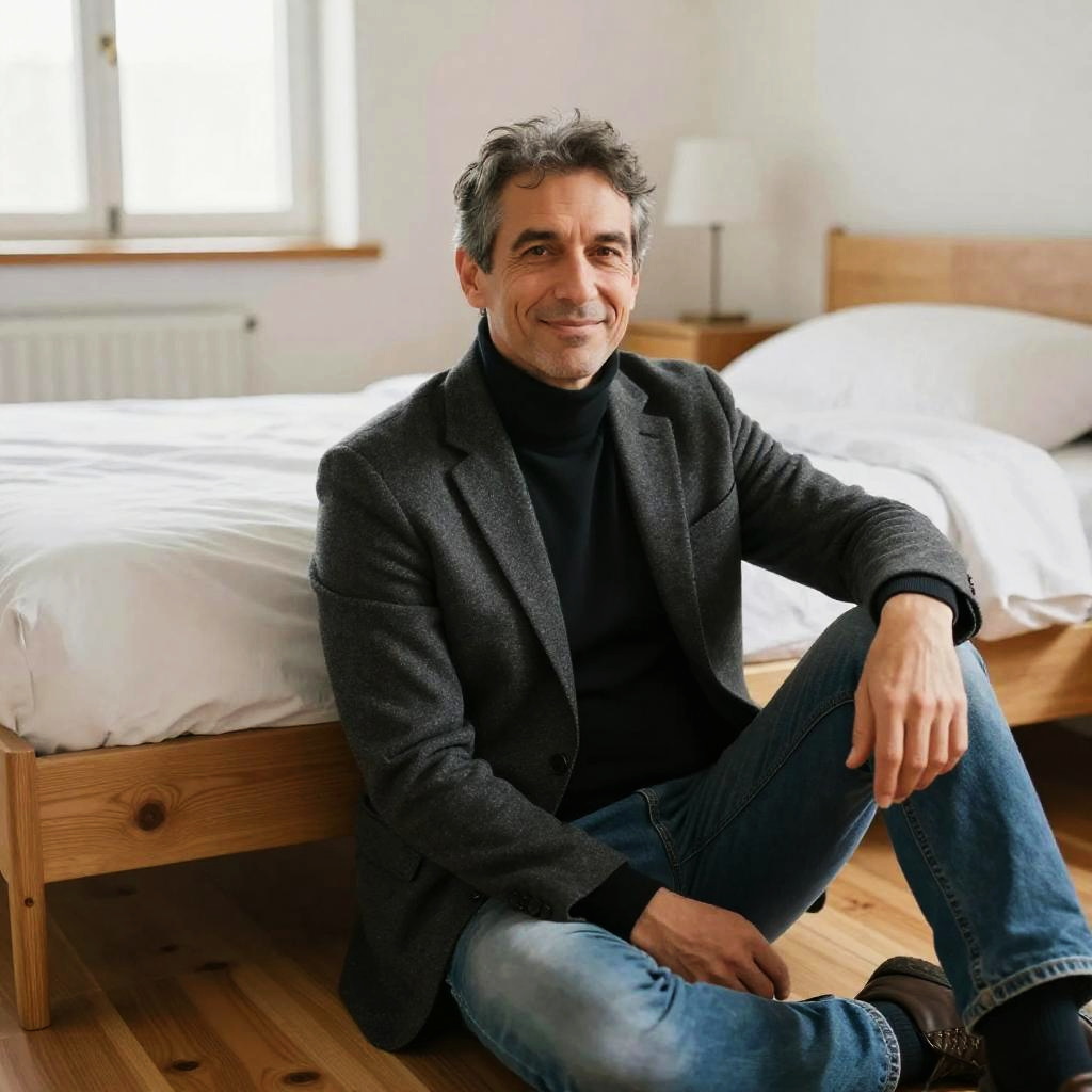 Middle-Aged Man Sitting on Floor in Casual Smart Outfit by Bed