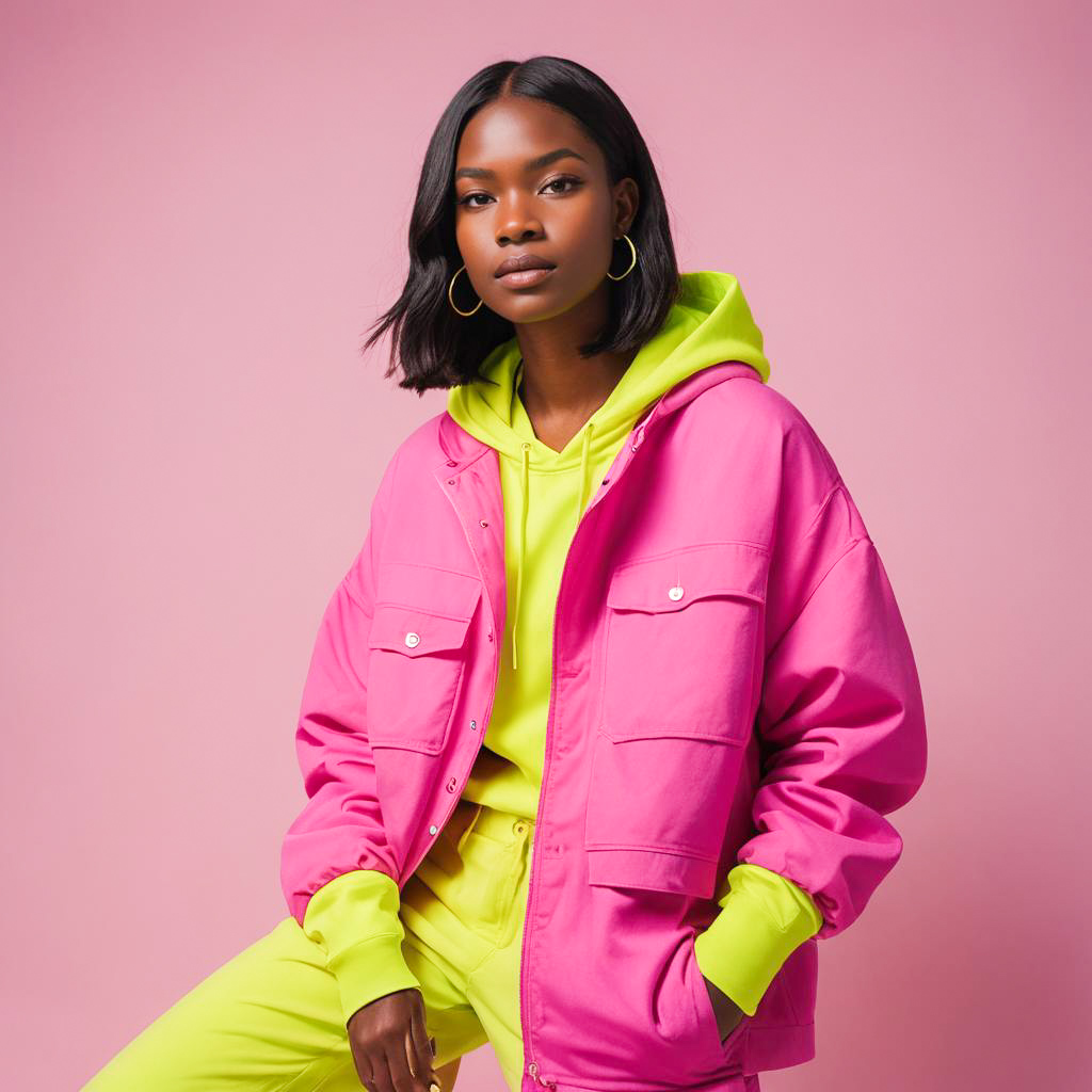 Stylish Woman in Pink Jacket and Neon Green Hoodie