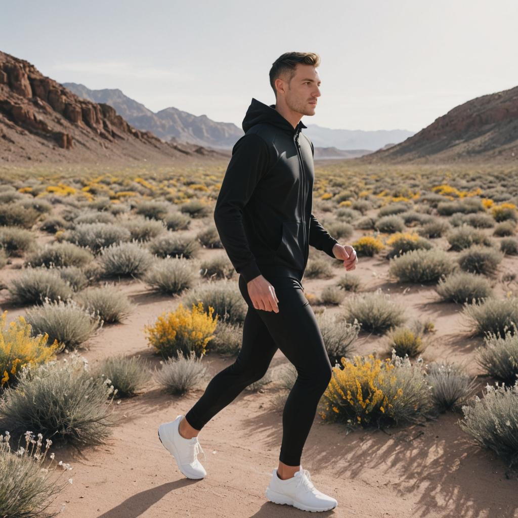 Man in Black Athletic Wear in Arid Landscape