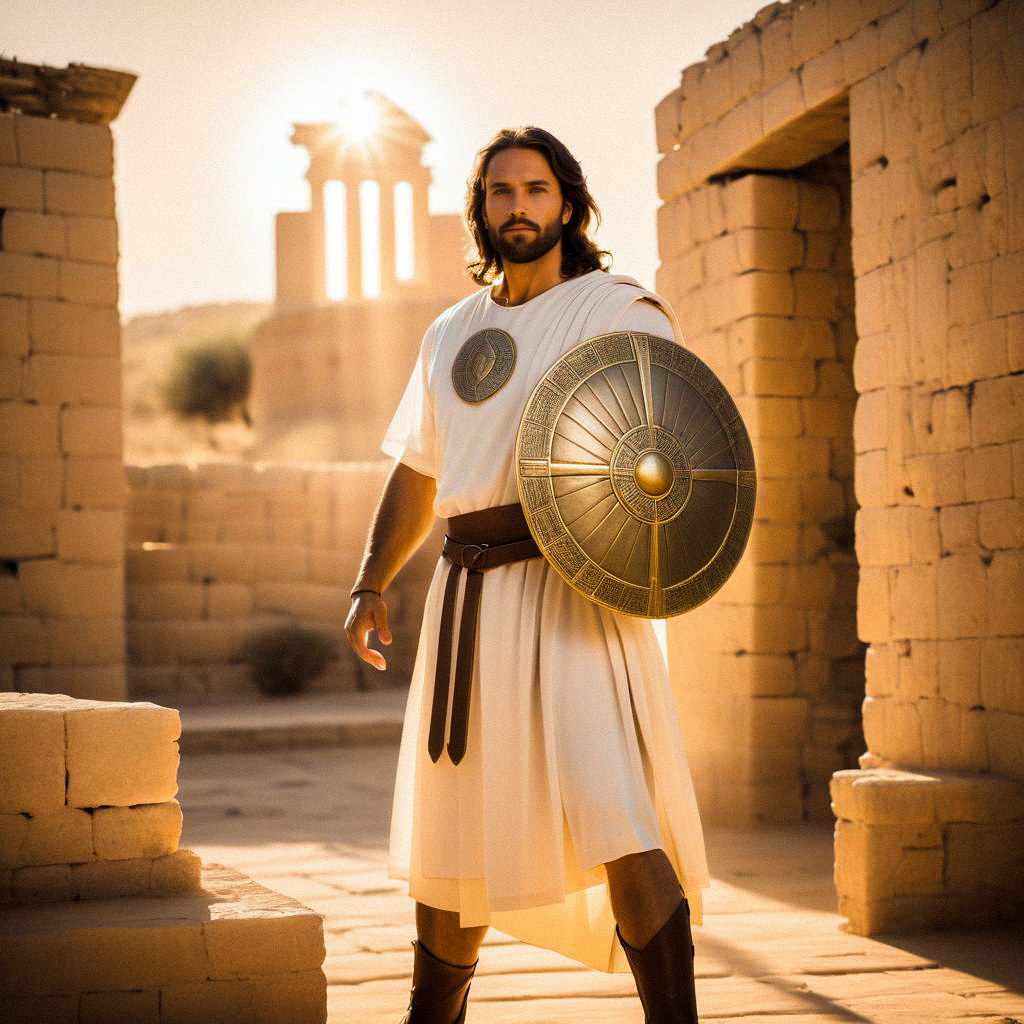 Man in Greco-Roman Style with Shield at Sunset