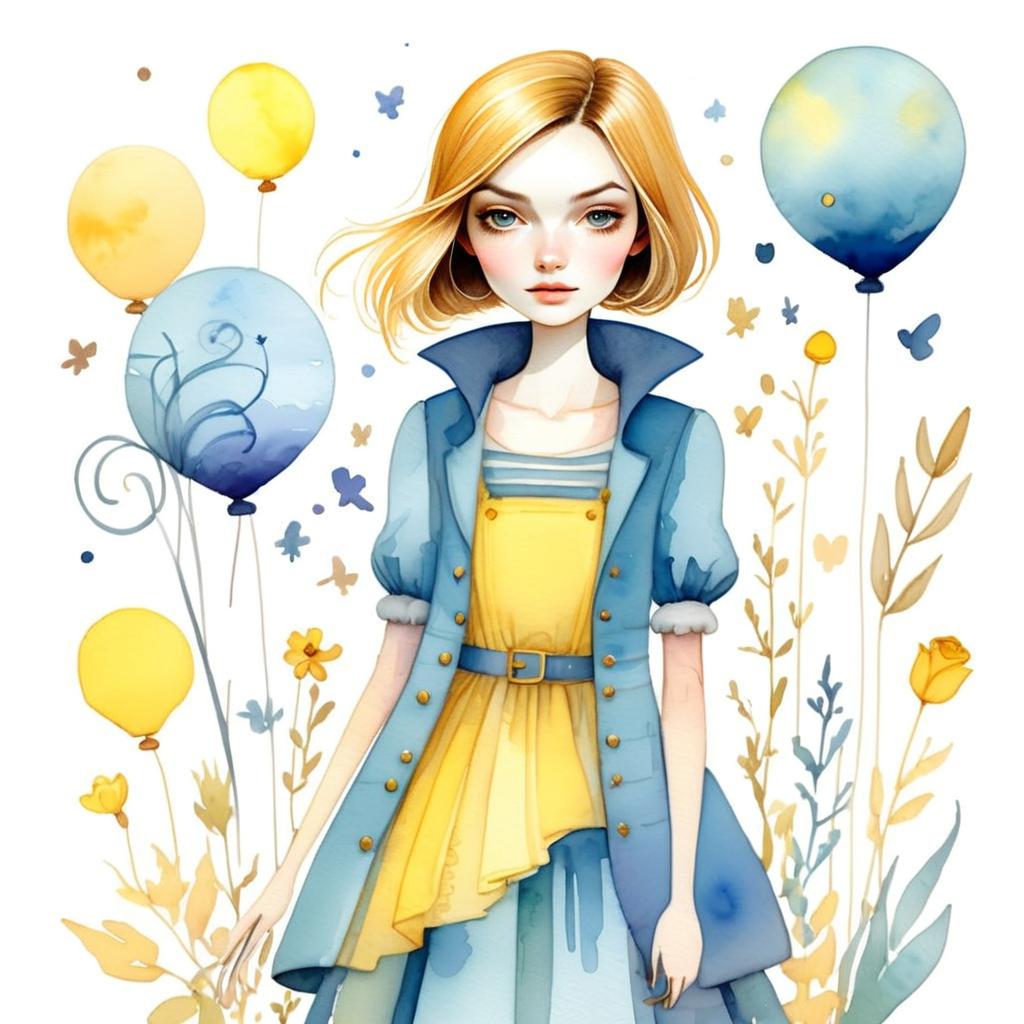 Watercolor Illustration of Young Woman in Blue and Yellow Watercolor Illustration of Young Woman in Blue and Yellow