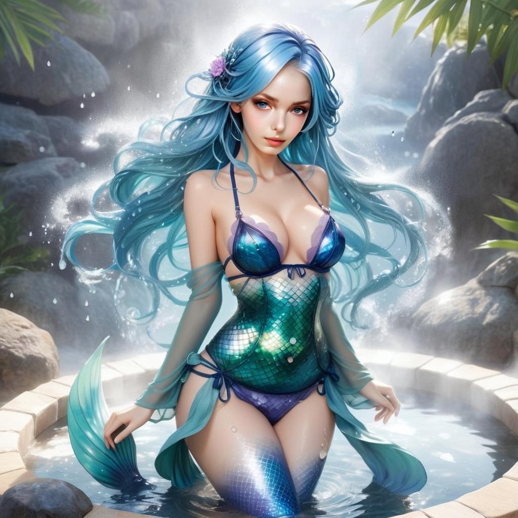 Fantasy Digital Art of Blue-Haired Woman in Mermaid-Inspired Outfit by Water