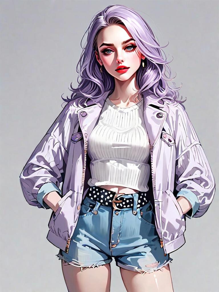 Stylish Woman in Casual Outfit with Lavender Hair - Realistic Comic Style Illustration