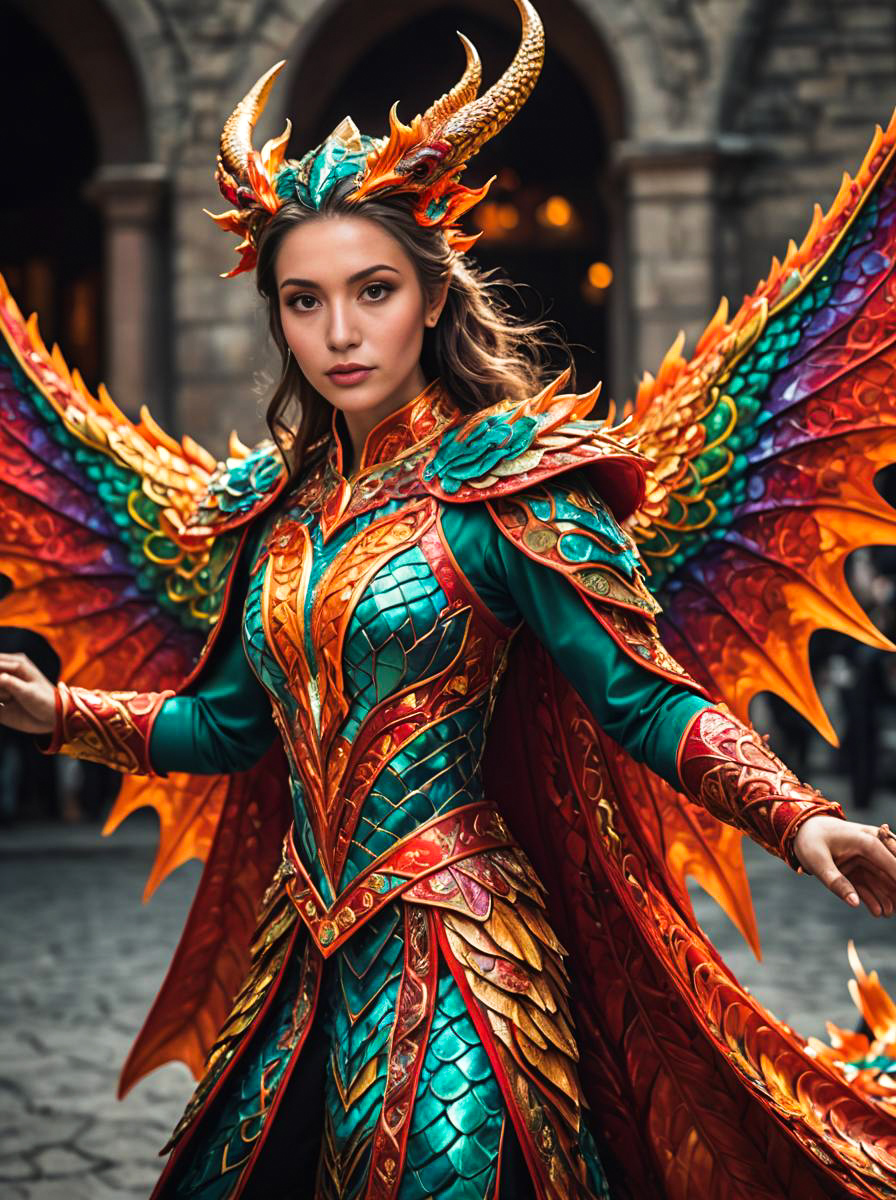 Dragon Man Costume with Colorful Scales and Wings