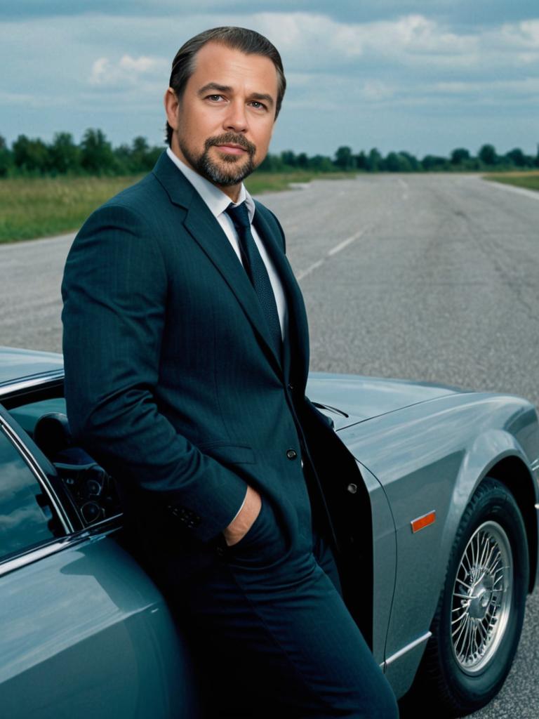 Man in suit leaning on classic car