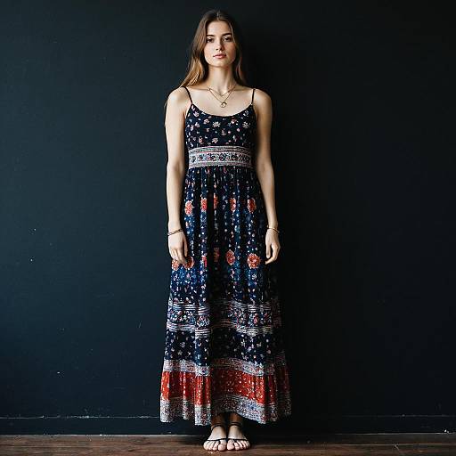Boho Chic Sleeveless Maxi Dress with Red Floral Pattern on Woman
