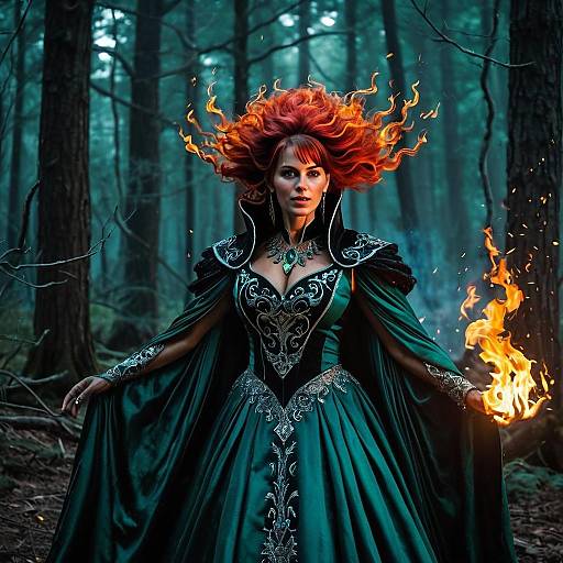 Fiery Red-Haired Sorceress in Emerald Green Gown in Enchanted Forest