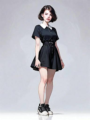 Realistic Comic Style Woman in Black Dress Full Body Illustration