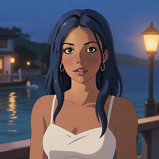 Anime Style Portrait of Young Woman by Waterfront at Dusk
