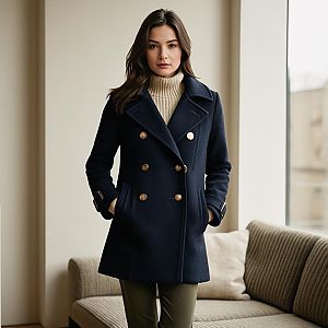 Woman Wearing Stylish Navy Blue Double-Breasted Wool Coat Indoors