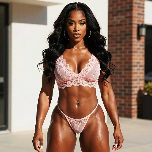 Confident Woman in Pink Lace Lingerie Outdoor Portrait