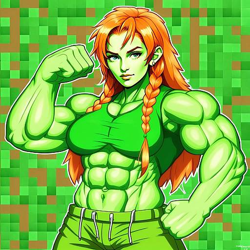 Green Muscular Woman with Red Braids in Anime Style on Minecraft Background